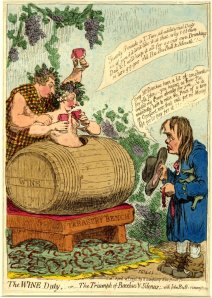 "The wine duty, -or- the triumph of Bacchus & Silenus; with John Bulls remonstrance" James Gillray, 1796.  Item #1868,0808.6520, The British Museum.